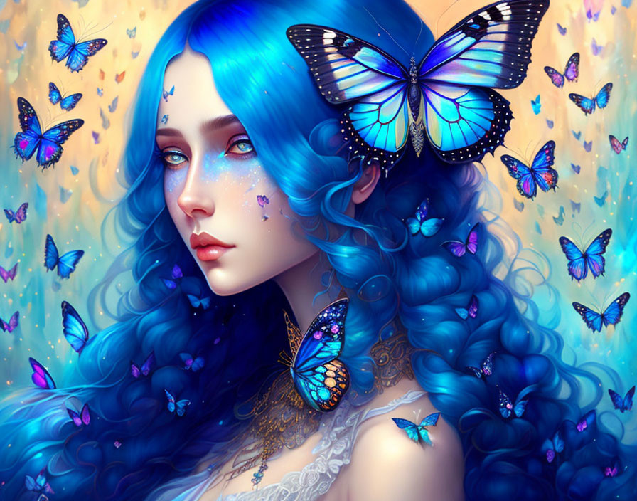 Fantasy illustration: person with blue hair and butterflies on golden background