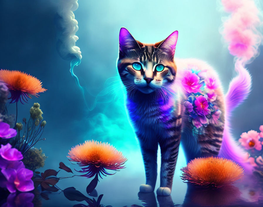 Colorful surreal cat with floral patterns and glowing blue eyes in vibrant floral setting.