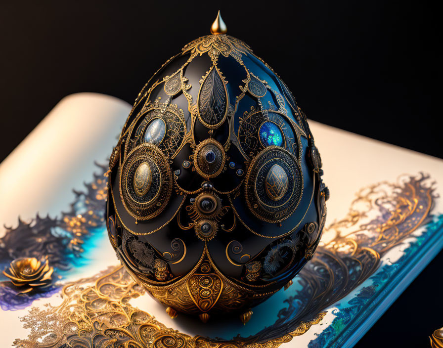 Detailed Black and Gold Ornate Egg with Gemstones and Patterns