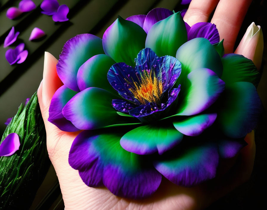 Colorful flower held in hand amidst purple petals.