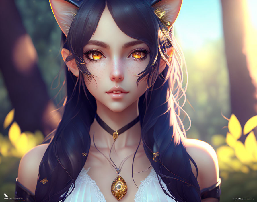 Fantastical female character with fox ears in sunlit forest portrait