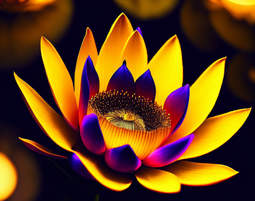 Colorful digitally-enhanced lotus flower on dark bokeh background