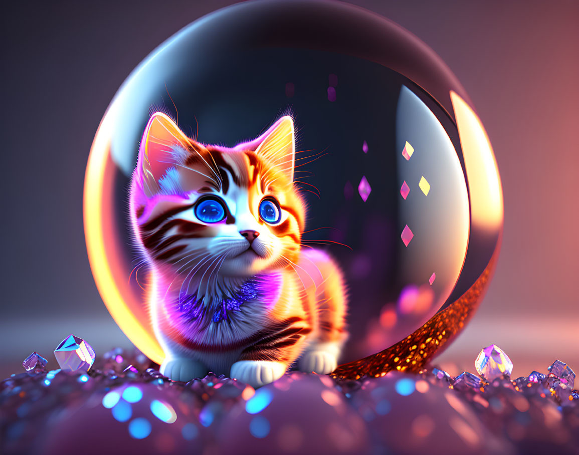 Colorful Digital Artwork: Kitten with Blue Eyes by Reflective Sphere and Glowing Crystals