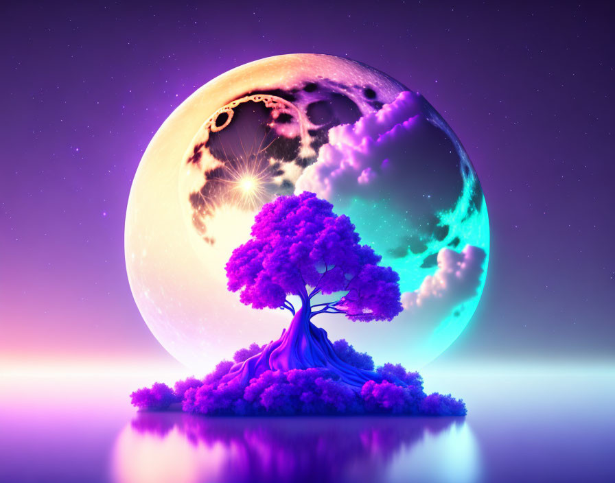 Surreal purple tree on island under massive moon in celestial-themed digital artwork