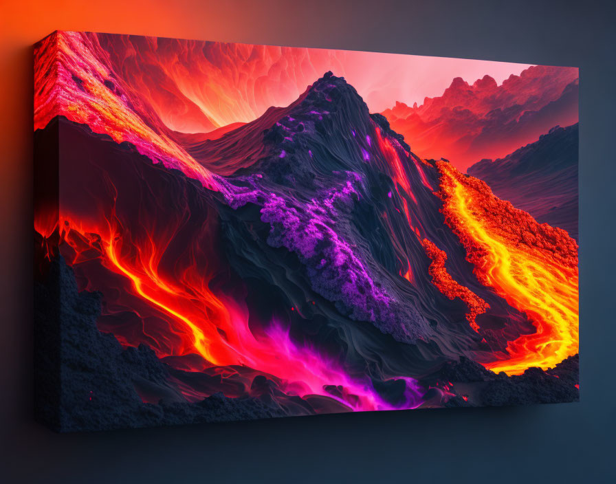 Vivid volcanic landscape canvas print with flowing lava and purple hues