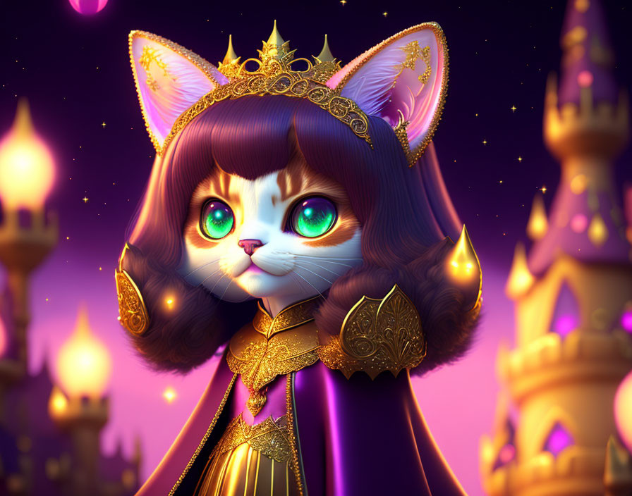 Regal anthropomorphic cat with large green eyes in fantasy castle setting