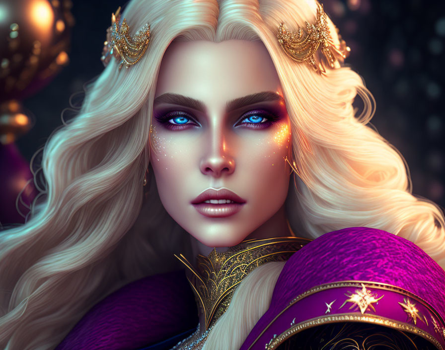 Fantasy queen digital portrait with blonde hair and golden crown