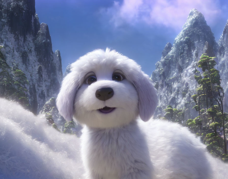 Animated white puppy against snowy mountain backdrop