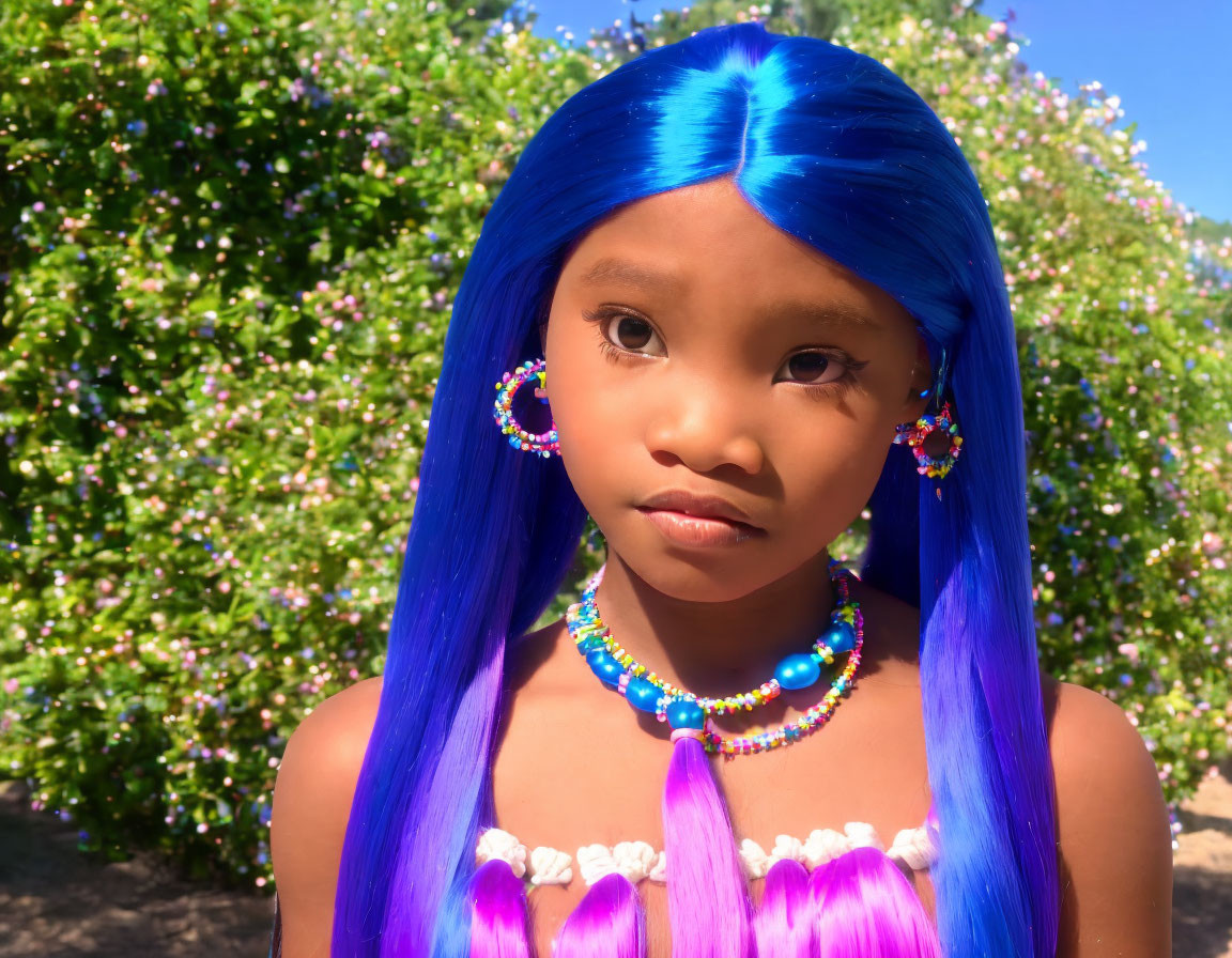 Girl with Blue Hair and Colorful Bead Jewelry Standing by Flowering Bush