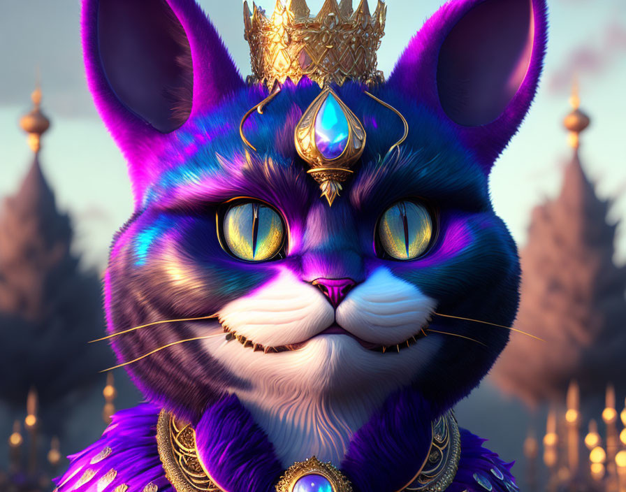 Animated Cat with Golden Crown and Fantasy Background