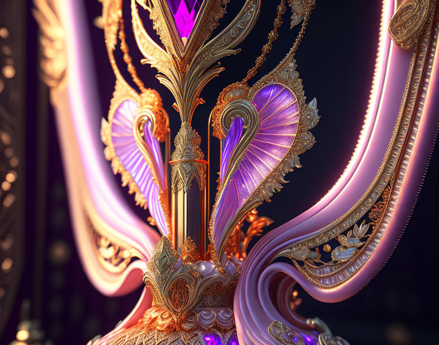 Golden and purple ornate object with swirling designs and jeweled accents on dark background