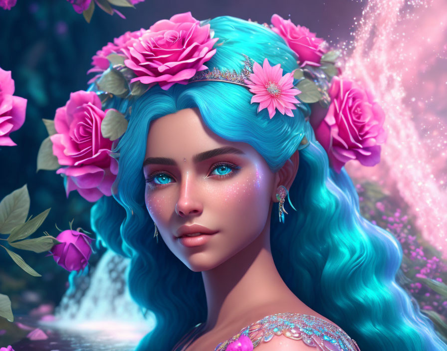 Ethereal female with blue hair and pink roses in sparkly diadem on pink backdrop