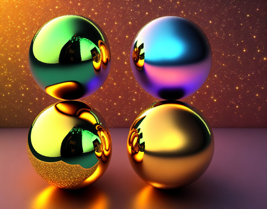 Four Metallic Spheres Reflecting Light on Glossy Surface