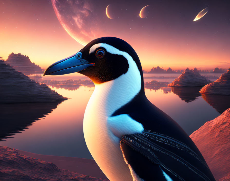 Stylized digital art: Penguin in surreal icy landscape