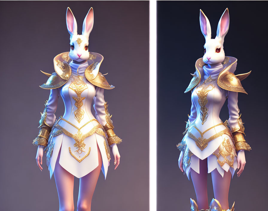 Elegant White and Gold Fantasy Armor on Anthropomorphic Rabbit