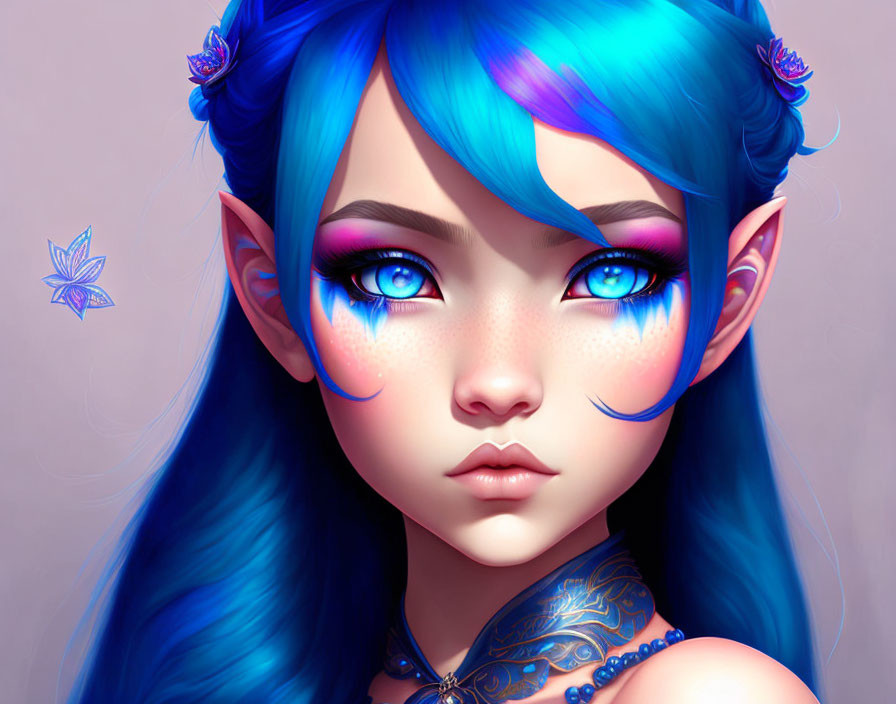 Fantasy character with blue hair, pointed ears, vibrant eyes, facial tattoos, blue flowers, and