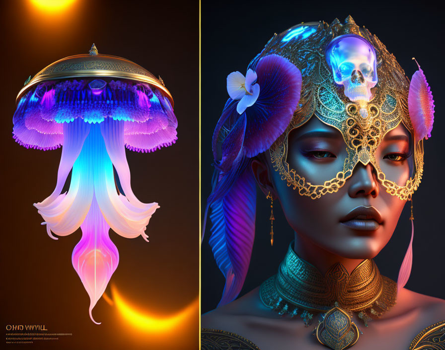 Digital artwork: Luminescent jellyfish creature and woman with blue skin and gold jewelry.