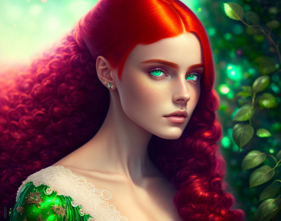 Vibrant red hair, emerald green eyes in digital art portrait