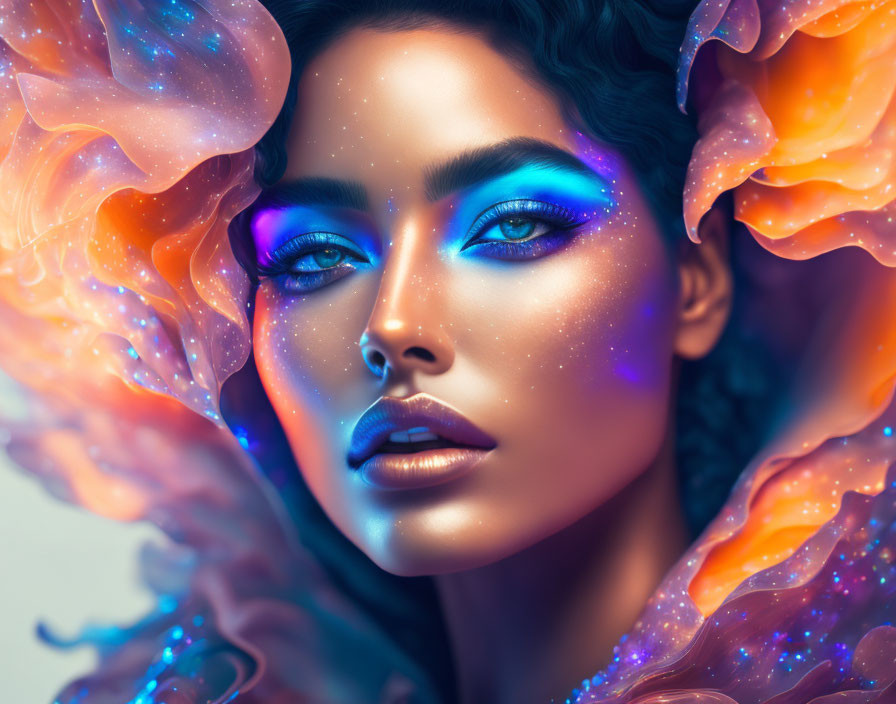 Woman with Vibrant Blue Eye Makeup Surrounded by Colorful, Luminous Shapes