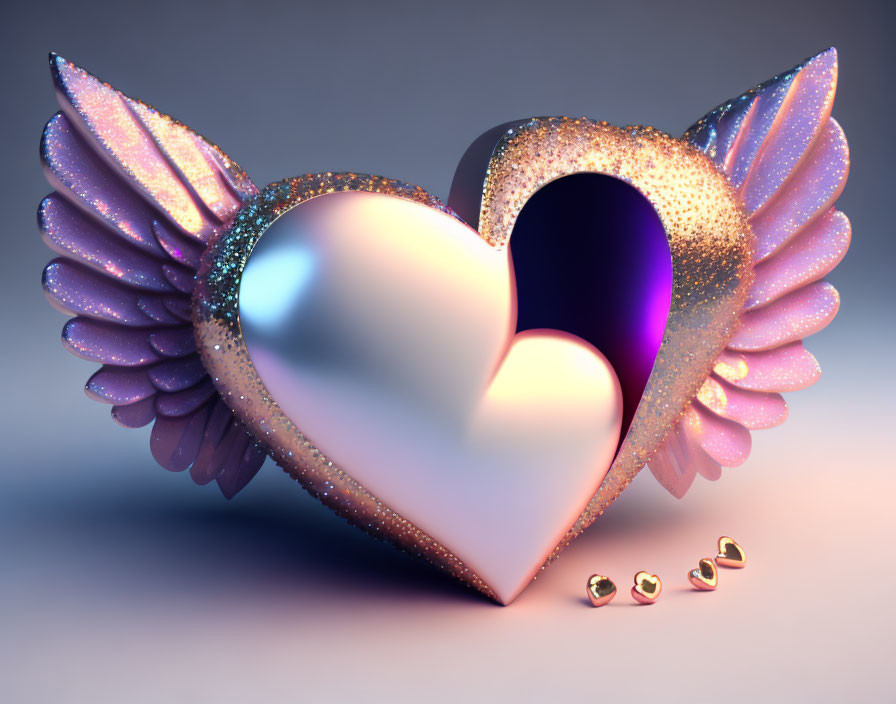 Winged heart 3D rendering with metallic finish and glitter on purple background