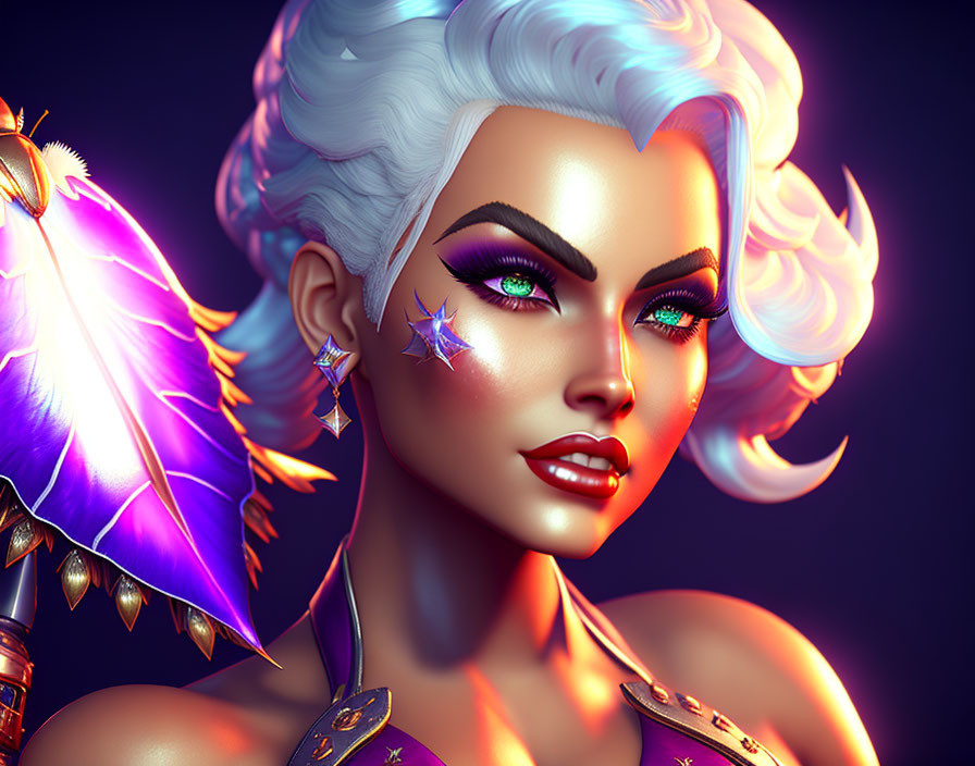 3D illustration of female character with white hair and fantasy armor