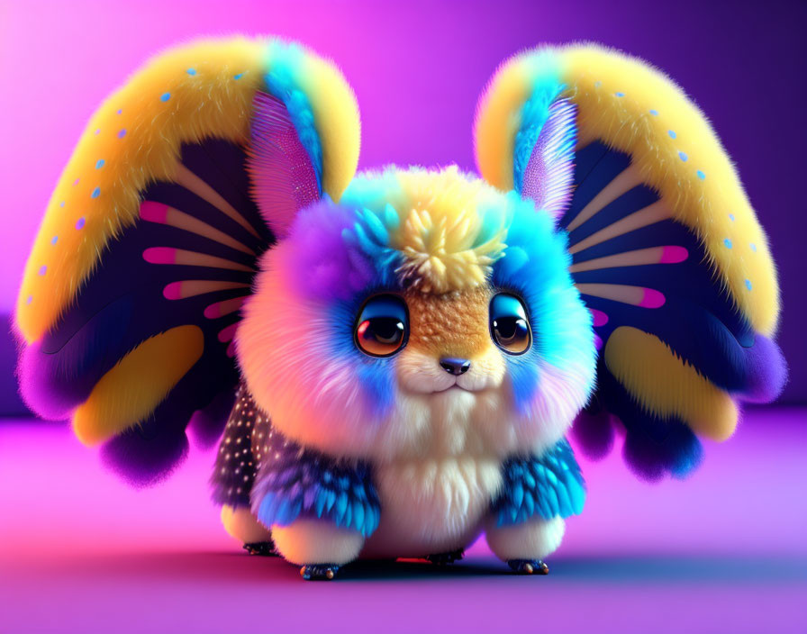 Colorful Fluffy Creature with Butterfly-Like Ears on Vibrant Purple Background