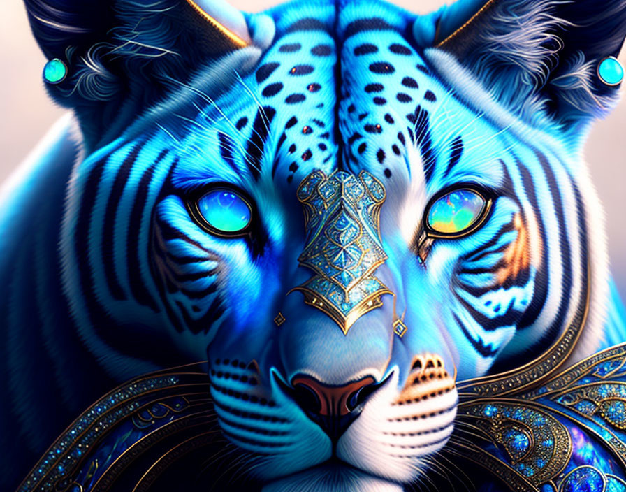 Majestic blue tiger with golden adornments and yellow eyes