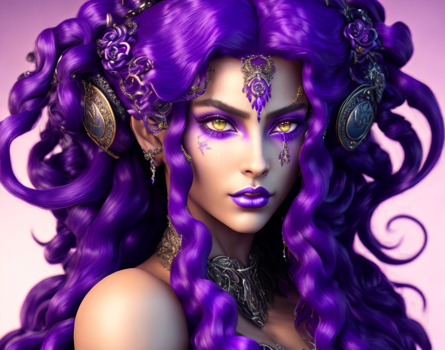 Fantasy illustration of woman with purple skin, curly hair, golden jewelry, and violet eyes on pink