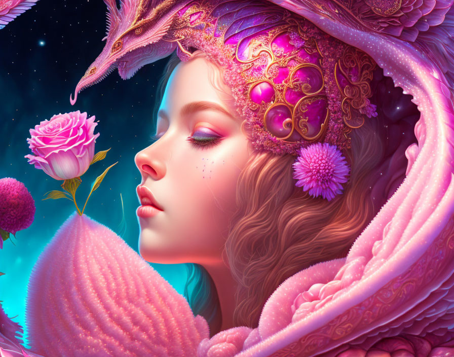 Surreal portrait of woman with pink dragon and rose on starry backdrop