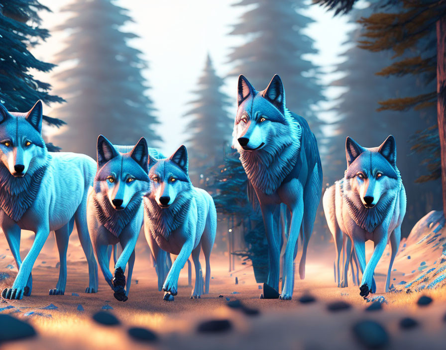 Wolves in Misty Forest with Blue and Orange Tones