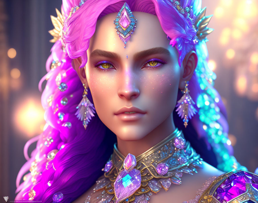 Fantastical portrait of character with purple hair and crystal jewelry