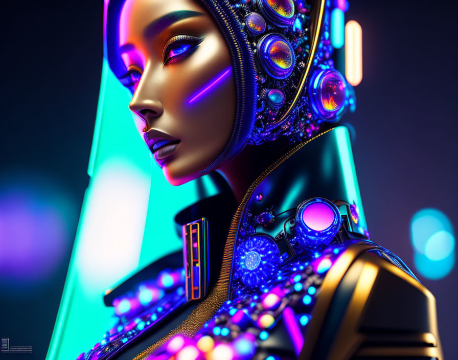 Futuristic cybernetic female figure with illuminated mechanical details and vibrant neon lighting