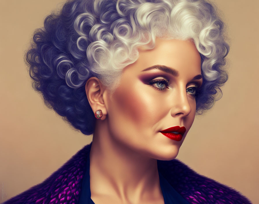 Digital Artwork: Woman with Grey Curly Hair, Blue Eyes, Red Lipstick, Purple Fur