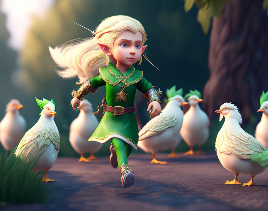 Stylized image: determined young elf with blond hair leading white chickens in sunlit forest