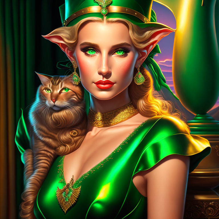 Elf-like woman with green eyes and cat in regal attire.