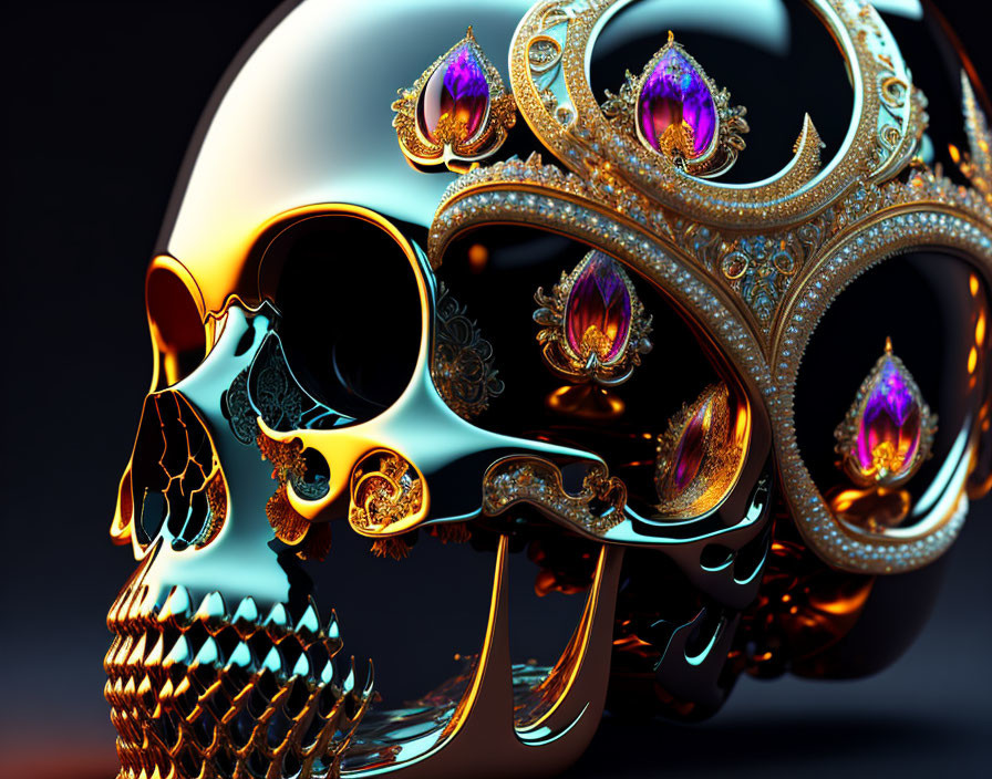 Detailed Metallic Skull with Purple Jewels on Dark Background