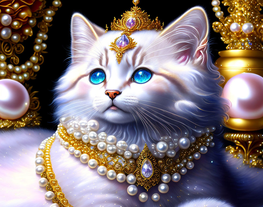 White Fluffy Cat Digital Artwork with Crown and Pearls