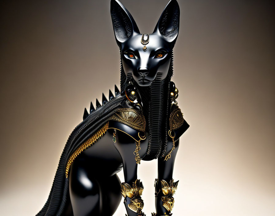 Majestic black feline figure with gold accents and ornate jewelry