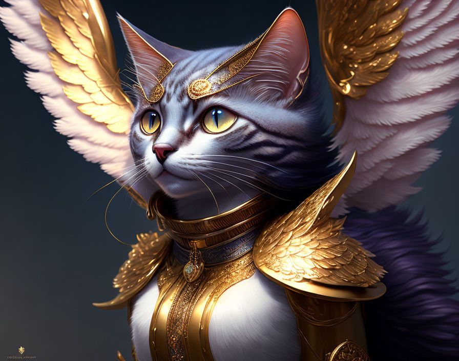 Golden-armored cat with angelic wings in regal pose