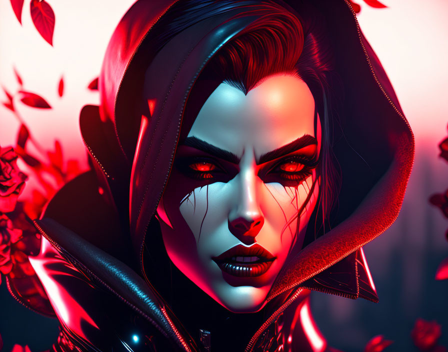 Digital illustration: Woman with hood, glowing eyes, red leaves, dark background