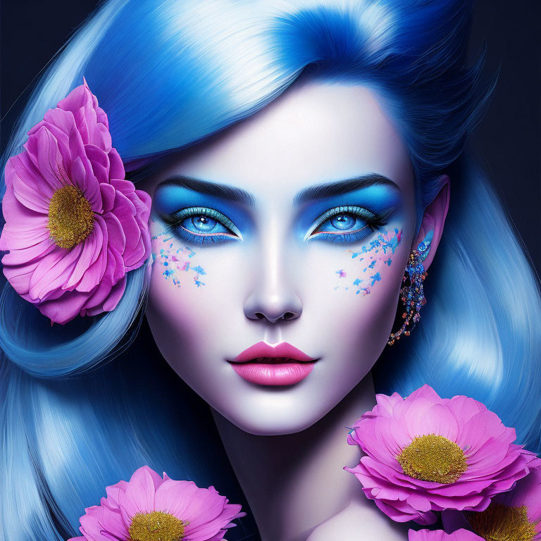 Digital portrait of a woman with bright blue hair and makeup, adorned with pink flowers and small blue stars