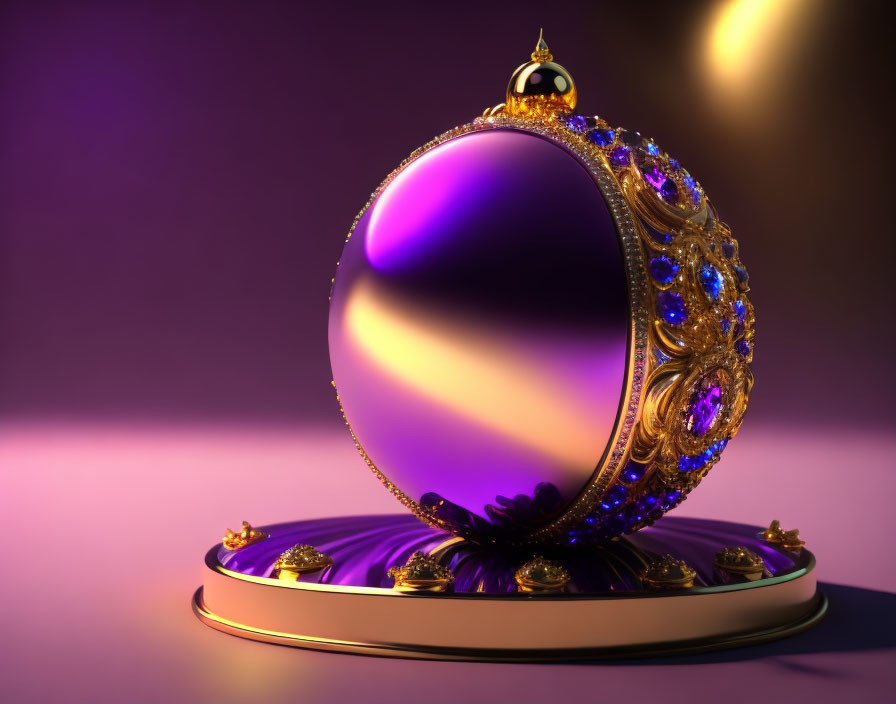 Golden-framed magic mirror with purple and gold hues and blue gemstones on soft purple background