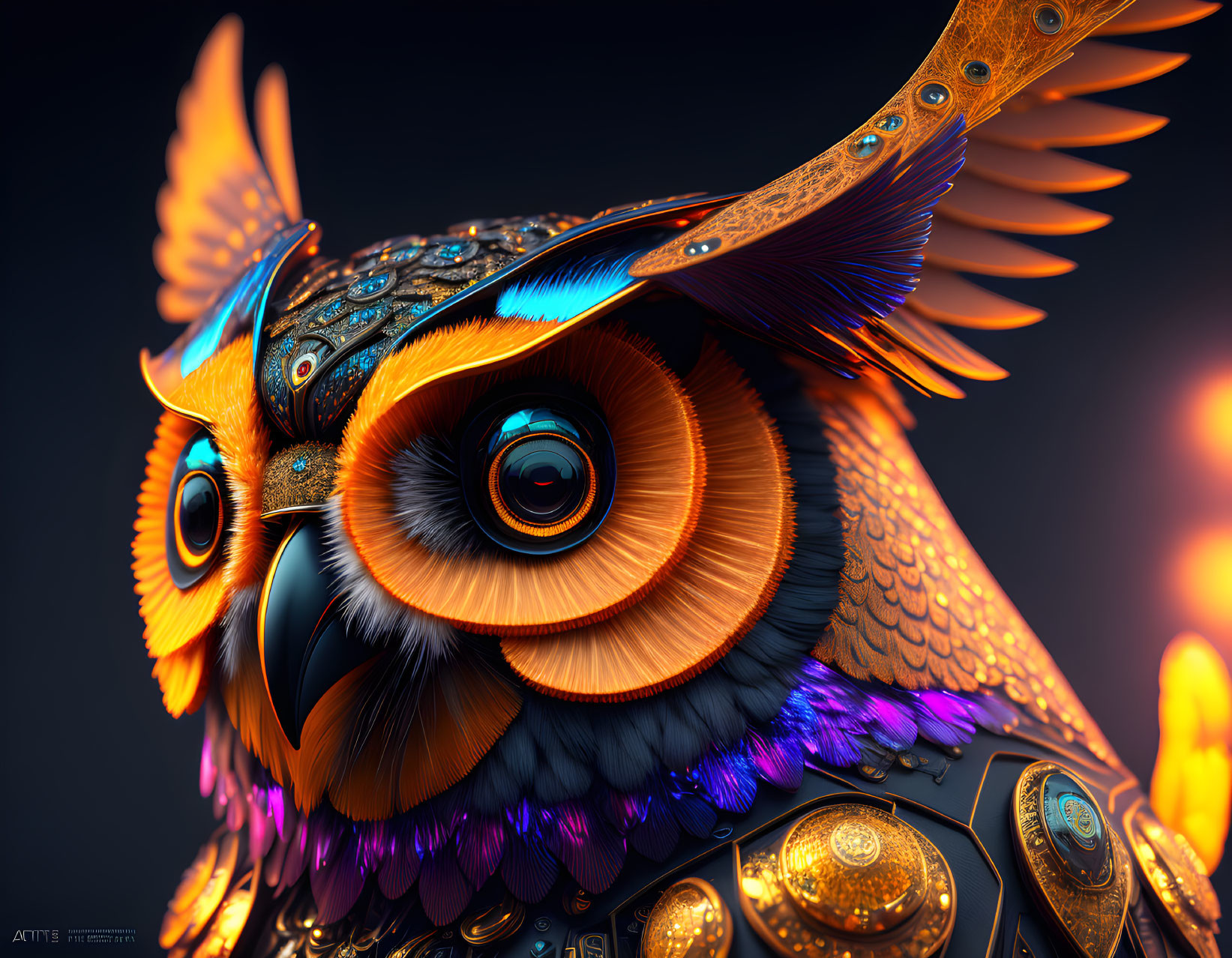 Colorful digital artwork of a mechanical owl with glowing eyes and intricate patterns