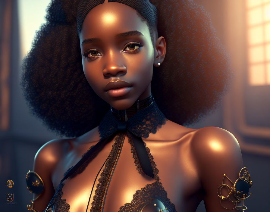 Striking 3D-rendered woman with afro puffs and unique jewelry in warm light