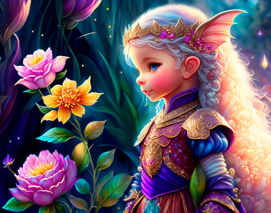 Childlike elf in regal purple outfit with glowing flowers