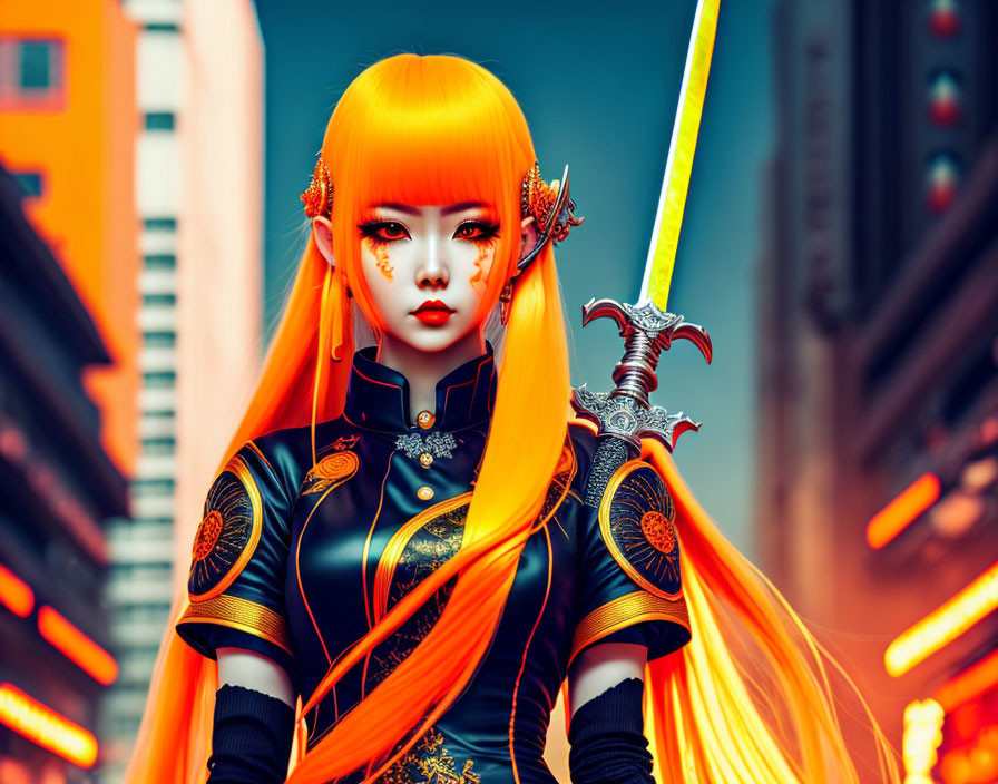 Female warrior with orange hair and glowing sword in futuristic city backdrop.