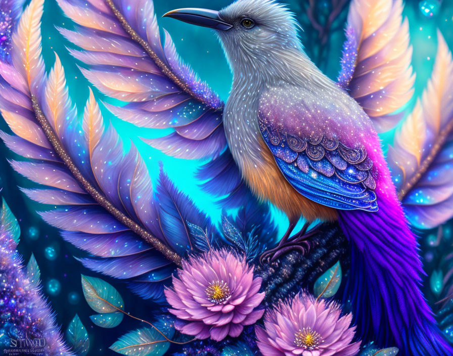 Colorful mythical bird illustration on branch with blue and purple feathers and glowing flowers.