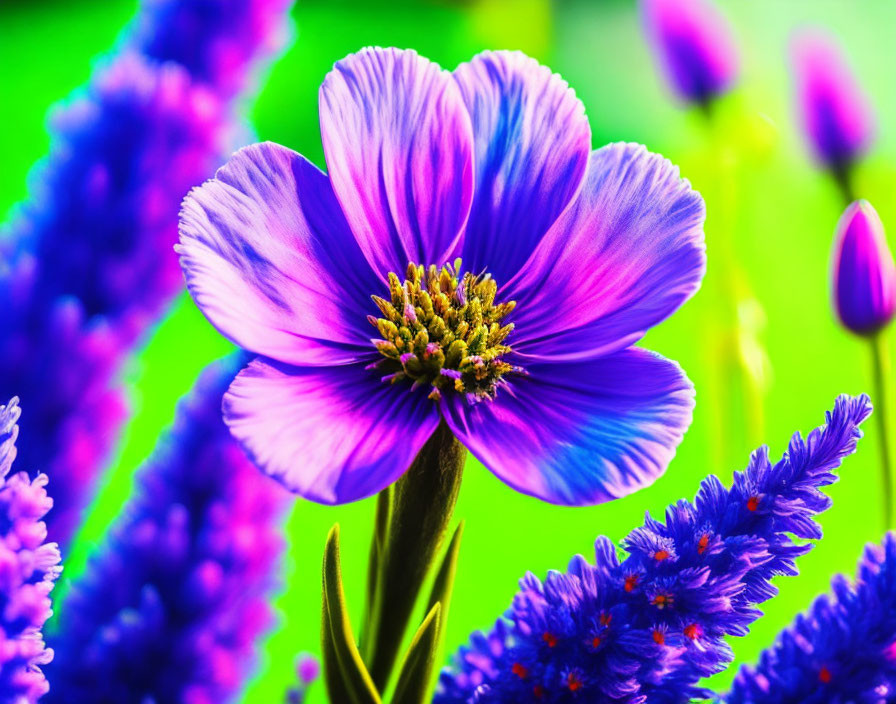 Vivid Purple Flower with Yellow Stamen and Blue Blossoms on Green Background