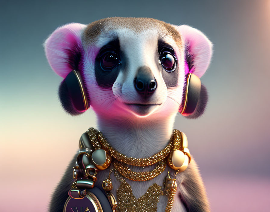 Stylized meerkat with human-like eyes in headphones and gold jewelry