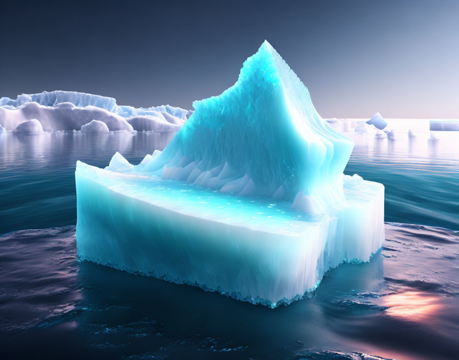 Tranquil glowing iceberg on calm sea at dusk